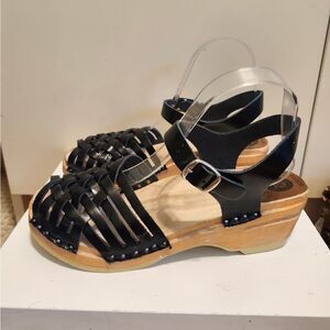 Troentorp "Anna" Black Leather Woven Strap Swedish Clogs sz.8/38 Ret.$129